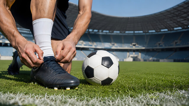 Professional soccer player tying laces of sports shoes on a green field with a ball and stadium background