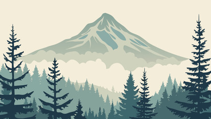 Stylized Illustration Of A Mountain And Forest Landscape With Layered Pine Trees And A Beige Background alpine © Gouranga