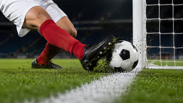 Dynamic Close-up of a Professional Soccer Player Striking a Ball Near the Goal Line in a Stadium at Night During an Intense Competitive Match