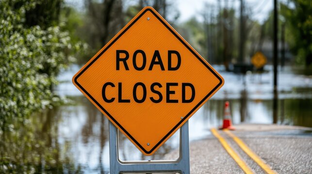 Orange "Road Closed" sign blocks a flooded road, with water covering the street and traffic cones in the background.