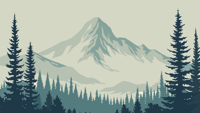 Stylized mountain range illustration with coniferous trees in shades of green and gray tones alpine landscape aspen