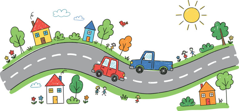 Cute Kids Doodle Style Winding Road Vector Illustration with Cartoon Cars Houses Trees and a Bright Sun for Children Book Designs and Playmats