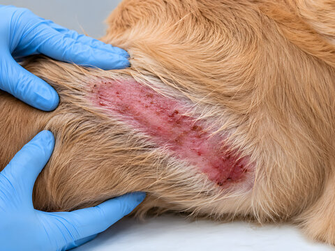 Veterinarian Examining Acute Moist Dermatitis Hot Spot Skin Infection on Golden Retriever Dog Furry Body