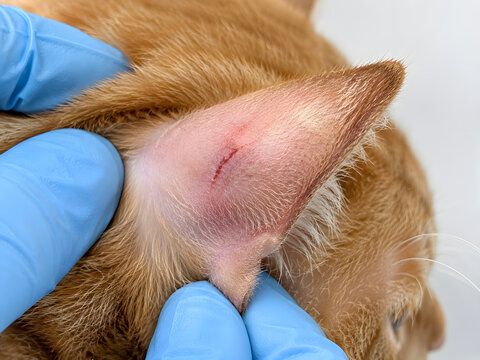 Veterinarian in blue gloves examining a small cut on the inner ear of an orange domestic cat during a medical checkup and wound assessment