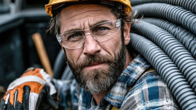 A rugged construction worker wearing safety glasses and a hard hat, leaning on coiled metal pipes with a focused and determined expression.