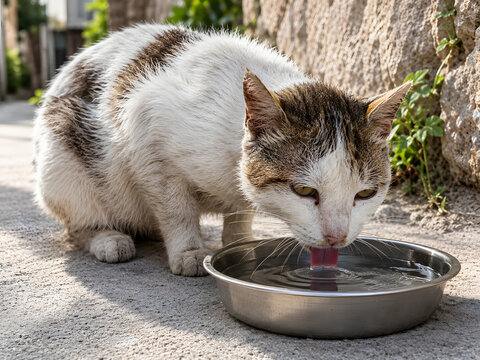 A white and brown bicolor stray cat drinking fresh water from a stainless steel bowl on a sunny outdoor pavement next to a stone wall