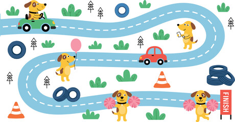Fototapeta premium Kids Board Game Playmat Vector Design Featuring Cute Cartoon Dogs Driving Cars on a Winding Road with Traffic Cones Tires and Finish Line