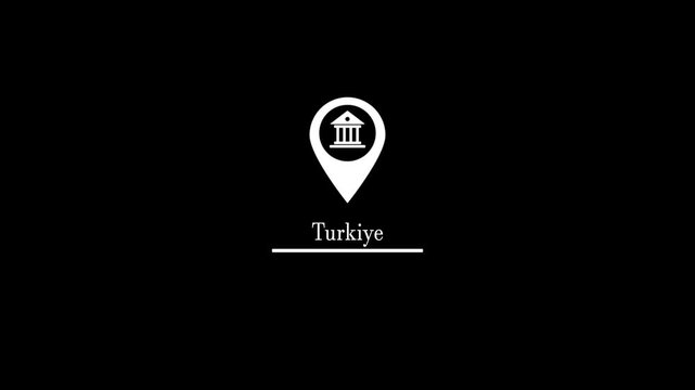 A beautiful location icon animation and location of the country is Turkiye on transparent black screen.Abstract location pin appearing.Country GPS location tracking icon.Location icon animation.