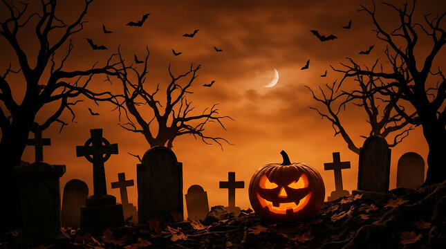 Scary pumpkin in a dark grave