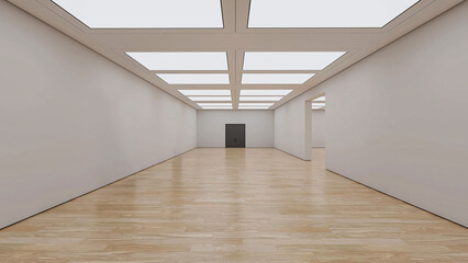 Contemporary empty gallery corridor with geometric ceiling lights and minimalist exhibition space © Alexuans