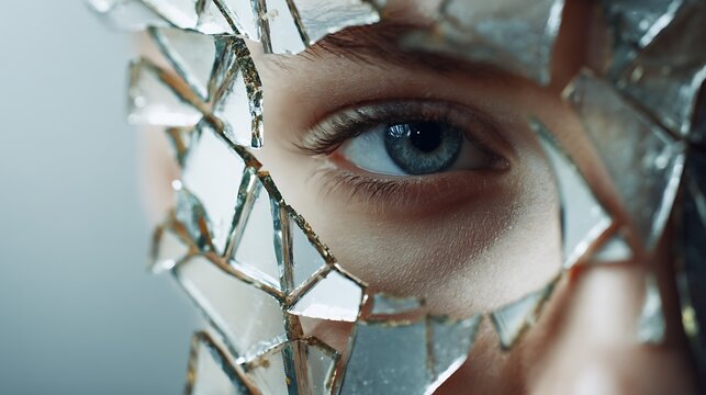 Close up artistic portrait of a woman looking through broken glass shards.
