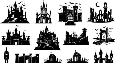 Obraz premium Gothic Castle and Haunted Building Silhouette Set – Halloween Fortress, Dark Mansion, Horror Icons 