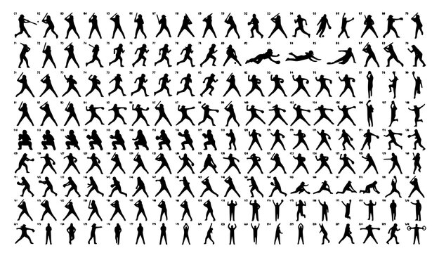 Softball Player Action Silhouette Collection Black Sports Vector Set