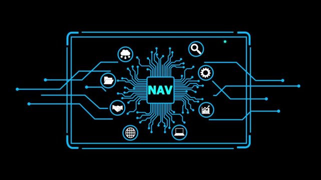 N A V System Navigation Concept with Circuit Board and technology computer on black bagckground.4k animation video.