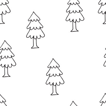 Seamless hand drawn pine tree sketch pattern in a playful childlike style. Charming forest repeat for textiles, nursery decor, wrapping paper, and branding.