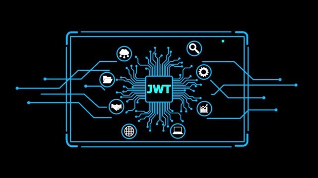 J S O N Web Token J W T Technology Concept with Circuit Board and on black Background json web token.4k animation video.