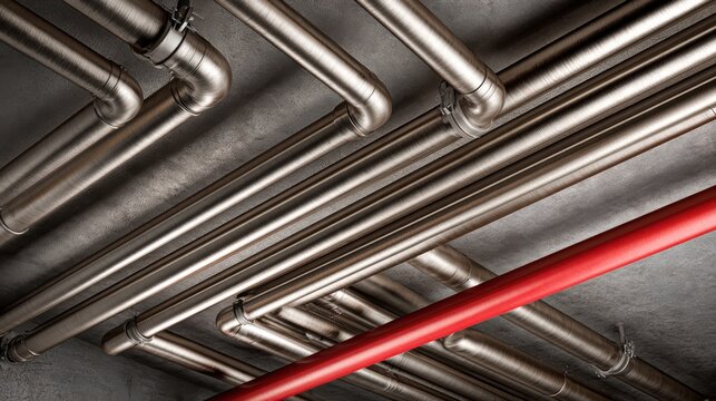 A network of metallic pipes, including a distinct red pipe, installed on a ceiling in an industrial setting.