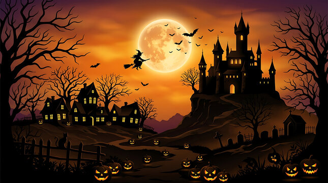 Spooky haunted house at night