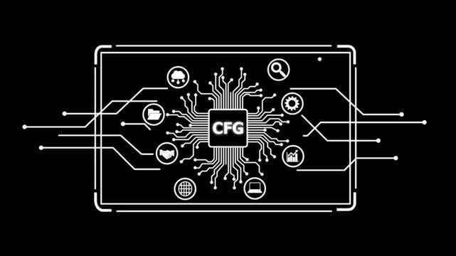 C F G Configuration Technology Background with Circuit Board and microchip.4k motion graphics animation video.