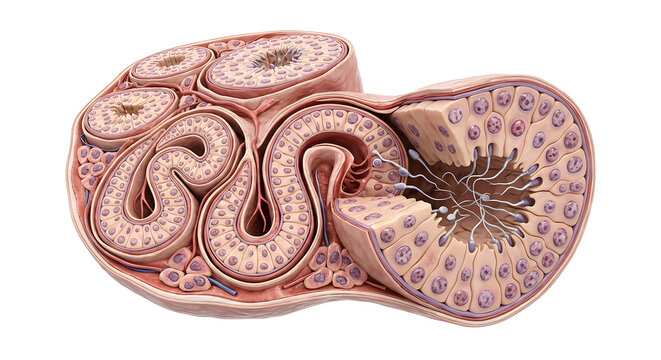 Highly Detailed 3D Render of Testis Seminiferous Tubules Cross-Section Showing Spermatogenesis