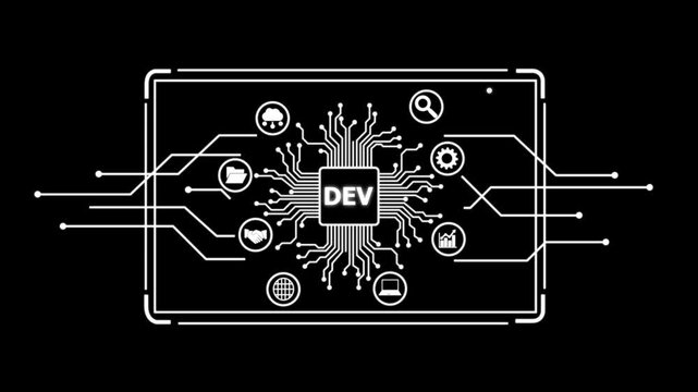 D E V development concept with circuit board and on a smartphone screen coding programming.4k motion graphics animation video.