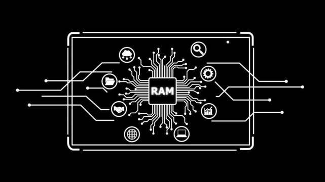 R A M chip with circuit board and on a black background technology concept computer chip electronics.4k motion graphics animation video.