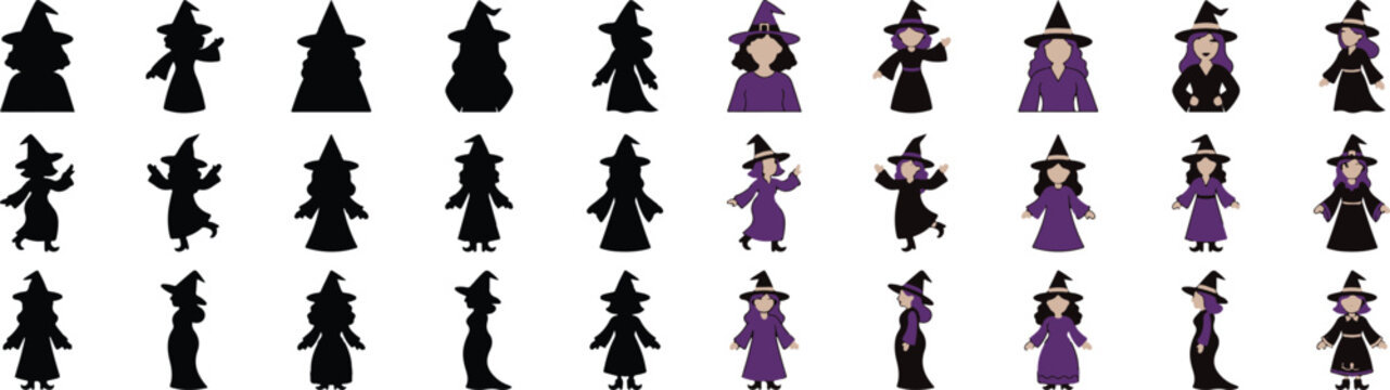 Set of halloween witches in various poses and silhouettes for spooky decorations
