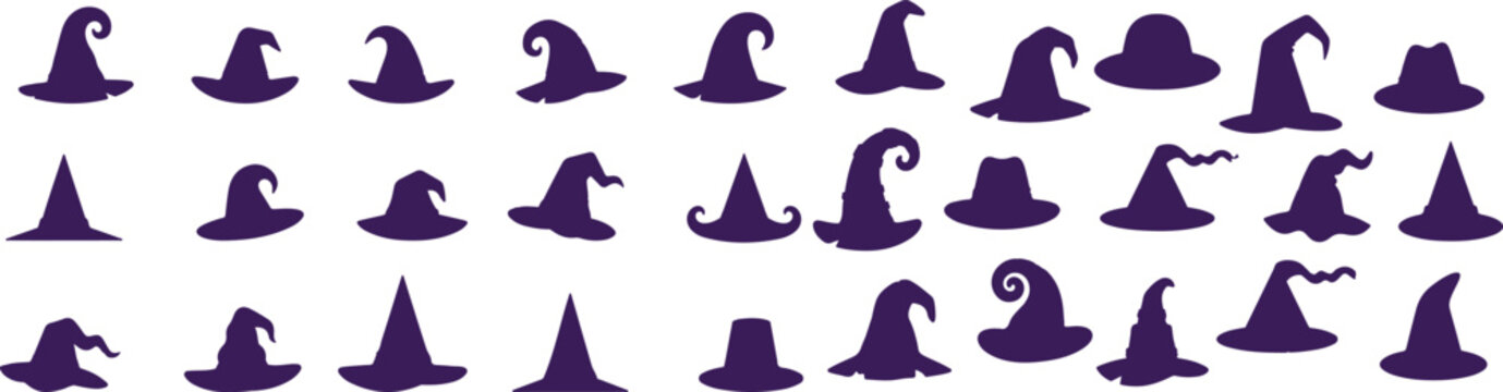 Set of halloween witches hats purple silhouettes for spooky decorations and designs