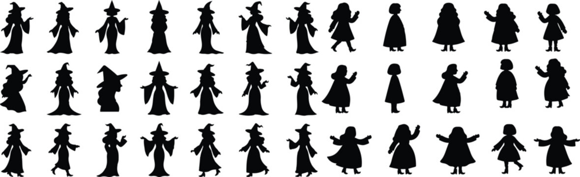 Set of halloween witch silhouettes diverse poses for spooky designs halloween decorations