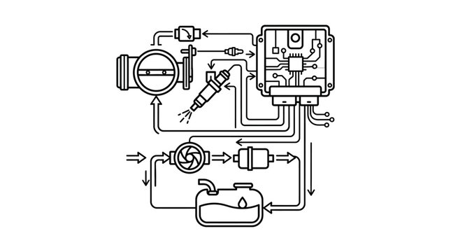 Industrial Black and White Line Drawing Diagram of a Fuel Injection System with Electronic Control Unit