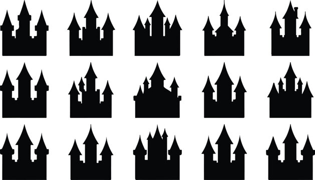 Set of halloween castle silhouettes for spooky decorations and party themes