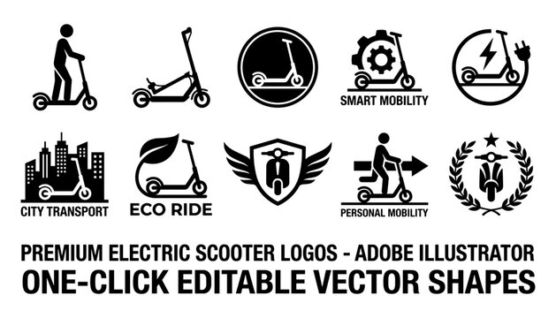 Electric Scooter Logos with Various Designs and Icons for Smart Mobility and Personal Transport Featuring City, Eco, Ride