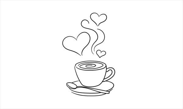Coffee mug with a continuous line design in the shape of hearts, continious line drawing. Vector illustration