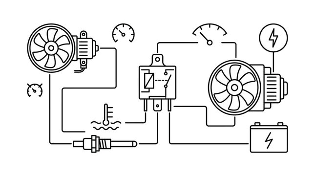 Professional Black and White Line Drawing Diagram of Electric Motor and Fan System with Gauges and Battery