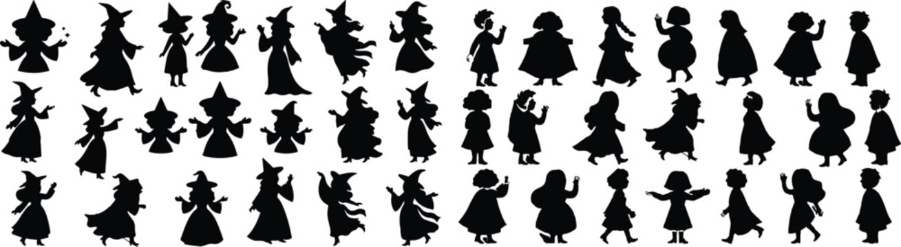 Set of halloween witch and costume silhouettes for seasonal decorations and graphic design