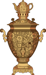 Ornate Golden Russian Samovar Vector Illustration with Matching Teapot Featuring Highly Detailed Traditional Khokhloma Engravings for Heritage and Tea Culture Designs © Jami