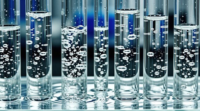 Glass tubes with water show capillary action physics. Bubbles rise up in liquid filled cylinders during lab experiment for science research or chemistry class.