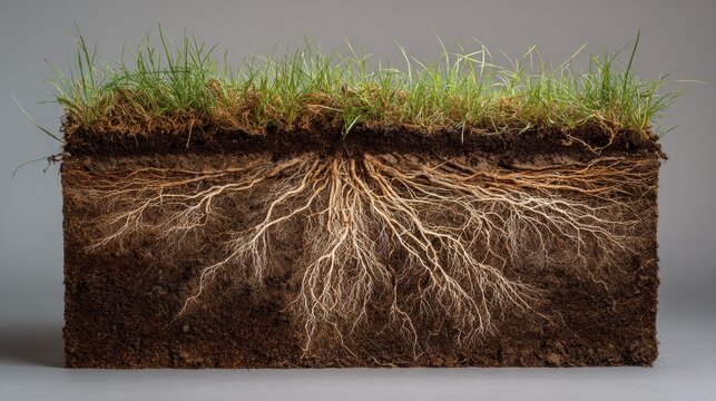 Cross section of soil showing grass and extensive root system.