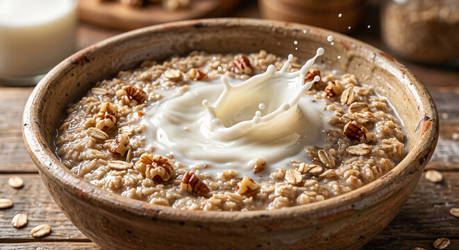 Creamy Milk Splash over Rustic Oatmeal Bowl with Textured Nuts and Oats