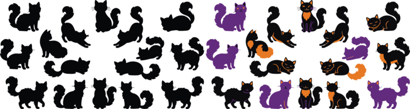 Set of halloween black and orange cats vector illustrations for spooky season designs