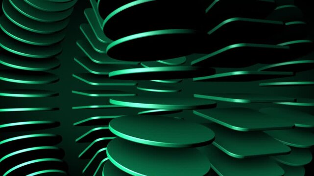 Emerald colored circular and rounded rectangular plates orbit in layered depth, rotating in dark space like futuristic mechanical cells in looping motion, forming a visually pleasing 3D animation
