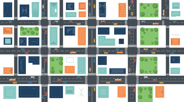 Top Down City Map Vector Illustration with Grid Street Layout Buildings Green Parks Crosswalks and Small Colorful Cars for Navigation Urban Planning Layouts