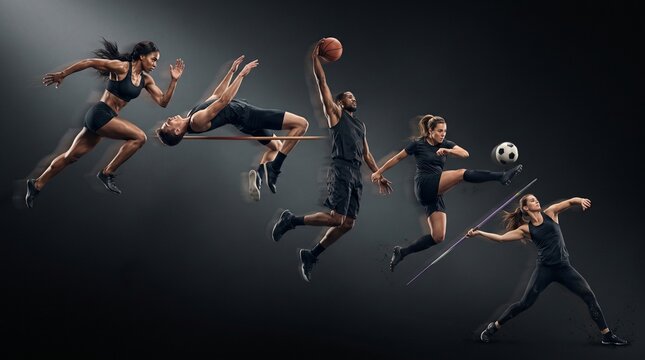 Dynamic collage of diverse multiethnic athletes in motion performing basketball, soccer, running, high jump, and javelin on a dark background
