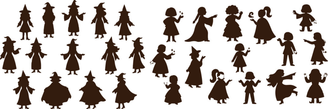 Set of halloween silhouettes witches and kids in various poses for spooky decor and design