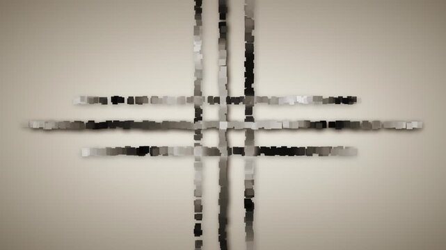 An abstract retro animation of squares forming black and grey streams that move and cross over a grainy beige field, creating a rhythmic grid of rectangles in digital motion