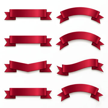 Set of eight realistic red satin ribbons with elegant curves and folded ends for graphic design