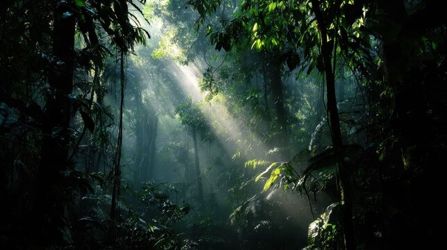 Dense rainforest with sunlight beams and vibrant greenery high resolution hd image.