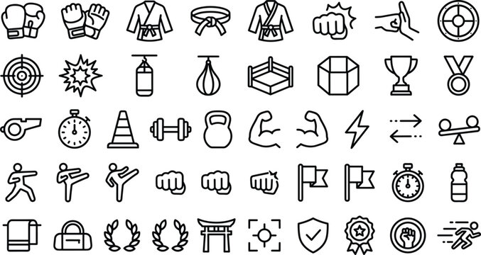 Martial arts combat sports boxing gym fitness training and championship tournament outline line icon set.
