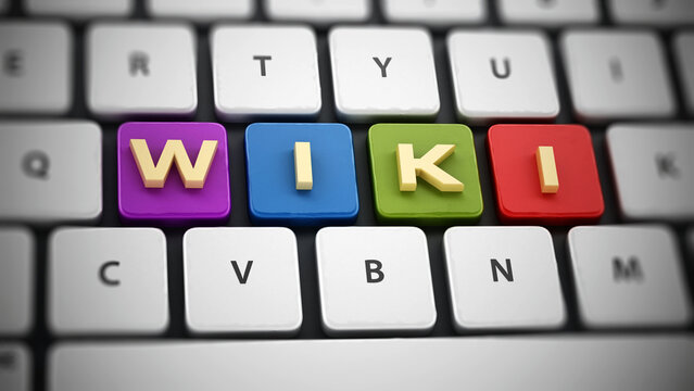WIKI text on keyboard keys. 3D illustration