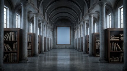 Obraz premium Historic archive hall with blank frame, cold morning light